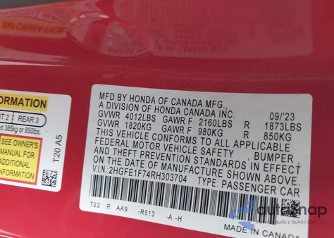 2024 Honda Civic Ex z USA, uszkodzony, nr VIN 2HGFE1F74RH303704